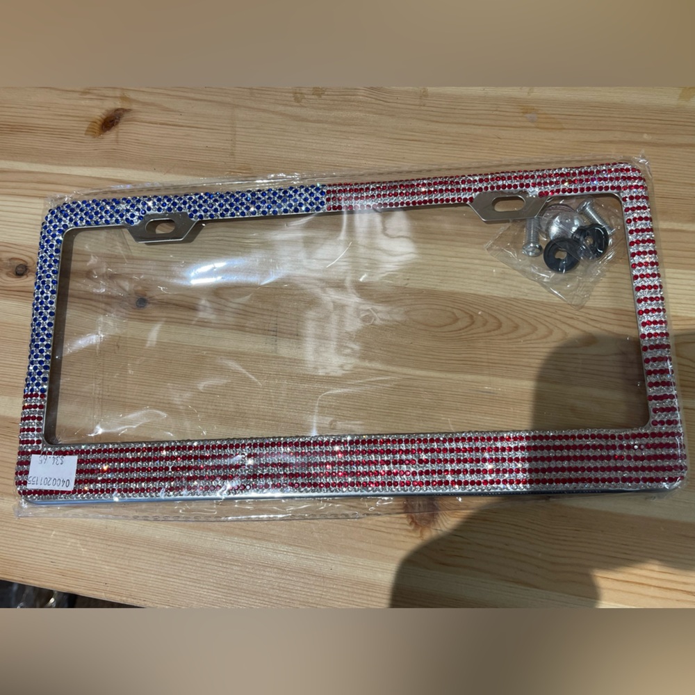 American Rhinestone White Red and Blue Rhinestone License Plate Frame